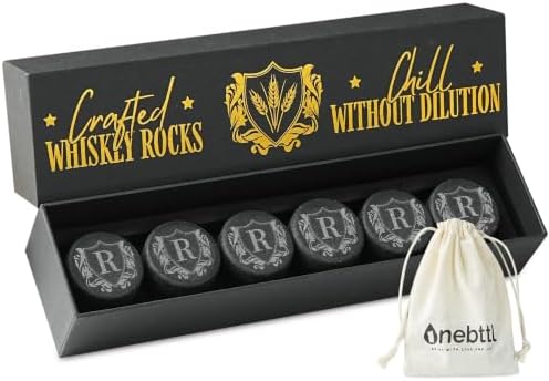 Onebttl Whiskey Gifts for Men, Whiskey Rocks with Initials Set of 6, Bourbon Chilling Stones for Whisky Lovers with Gift Box for Christmas, Father's Day, Retirement, R