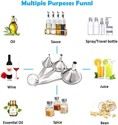 Small Funnels for Filling Bottles, 3 Pcs Stainless Steel Kitchen Funnel Set, Food Grade Mini Metal Funnel for Transferring Oil Liquid, Easy Cleaning with a Brush (Long Handle)