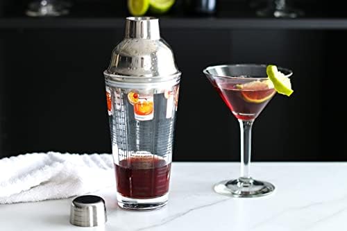 14 oz Recipe Glass Cocktail Shaker With Strainer Top - Includes 6 Cocktail Drink Recipes (Whiskey Theme)