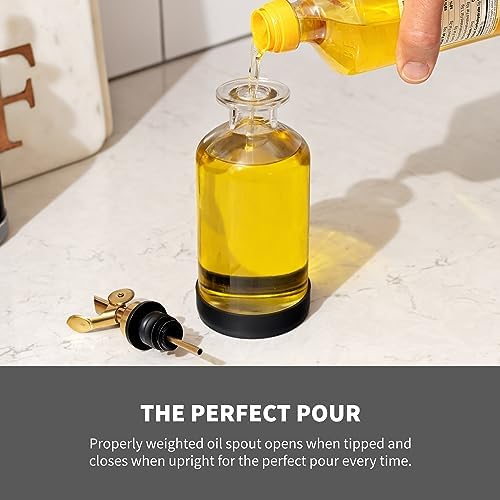 STOVE SHELF Oil and Vinegar Dispenser Set - Oil Dispensers with Silicone Base - Protects the Finish of Your StoveShelf - Glass Bottle with Gold Dispenser - Set of 2