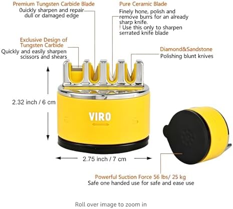 VIRO Compact Suction Kitchen Chef Knife Scissors Sharpener for Straight & Serrated Knives,4-Stage Knife Sharpening Tool Helps Repair and Restore Blades (Yellow)