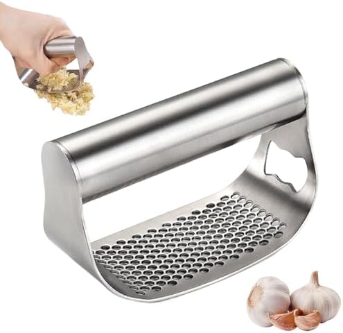 Stainless Steel Garlic Presser, Garlic Press Rocker Heavy Duty Stainless Steel Garlic Mincer, Garlic Chopper with Peeler And Cleaning Brush for Smash Garlic Kitchen Tools (A)