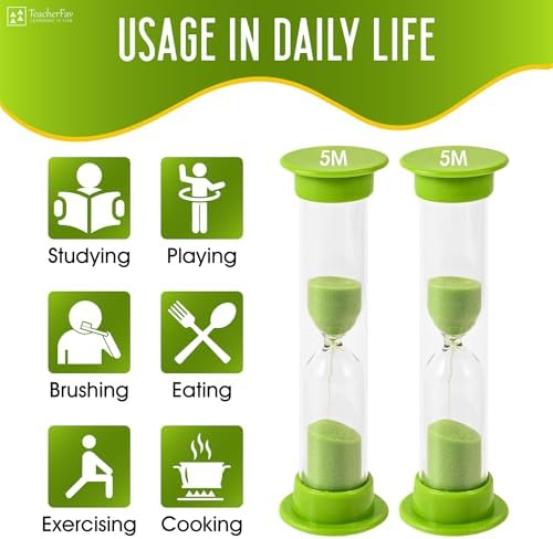 Sand Timer for Kids - 5 Minute Set of 4 Hour Glass - Green Color- Acrylic Covered for Classroom, Home & Kids Room
