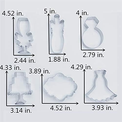 LILIAO Wedding Cookie Cutter Set for Anniversary/Bridal/Engagement - 6 Piece - Diamond Ring, Wedding Dress, Cake, Plaque, Champagne with Ribbon and Champagne Glass with Ribbon - Stainless Steel
