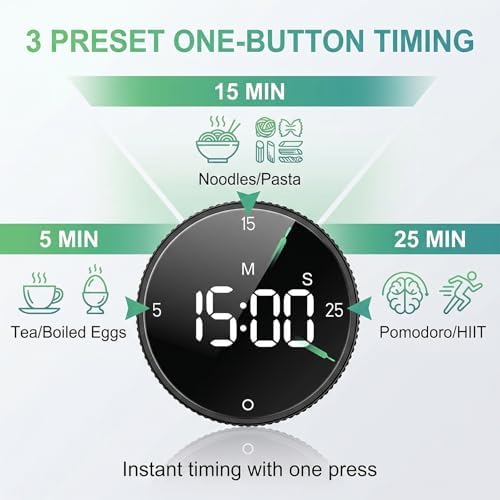 Digital Kitchen Timer, Magnetic Visual Pomodoro Clock with Large LED Display, 3 Preset Times (5/15/25) for Cooking Baking Fitness