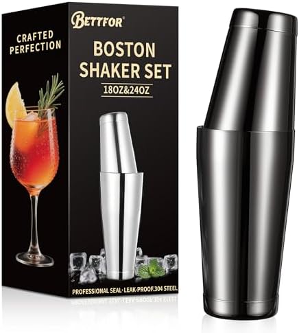 Boston Shaker Set, 18oz & 28oz 2-Piece Tins, Professional 304 Stainless Steel Cocktail Shaker with Leak-Proof Weighted Base for Bartending, Home & Bar Use (Black)