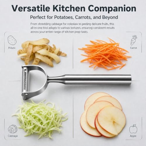 2-in-1 Julienne Peeler, Stainless Steel Multi-Functional Vegetable Peeler, Sharp Blade Cabbage Peeler Carrot Peeler with Non-Slip Extended Handle, Food Grade Kitchen Peeler for Fruit Vegetable Prep