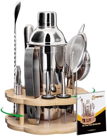 Cocktail Shaker Set Bartender Kit with Rotatble Bamboo Stand,11 Piece Bar Set Stainless Steel Bar Accessories for Drink Mixing, Bar, Home, Party (Silver)