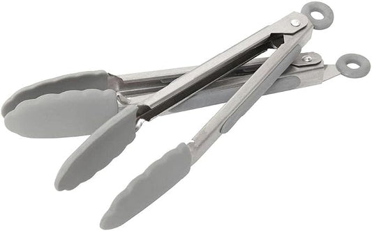 Wiltshire Mini Silicone Kitchen Tongs 18cm, Set of 2, Cooking & Serving, Heat Resistant Utensil, Non-Stick, Non-Scratch Scalloped Head, Locking Mechanism, Non-Slip Handle, 18x11x3cm, Grey & Silver