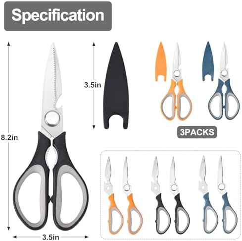 3-Pack Kitchen Shears Heavy Duty All Purpose Stainless Steel Scissors Dishwasher Safe Cooking for Meat, Chicken, Fish, Vegetable
