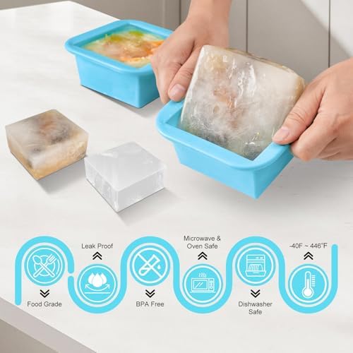 Silicone Freezer Tray with Lid 4 Pack Silicone Freezer Molds Ice Cube Tray Makes 4 Perfect 2 Cup Portions Soup Cubes Meal Prep Containers- Oven & Dishwasher Safe