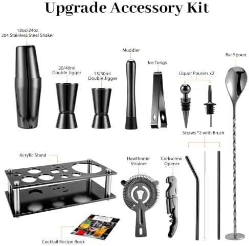 Boston Cocktail Shaker Set, 18 oz & 28 oz 2-Piece Tins, 304 Bartender Kit 15-Piece Bar Tool Set with Acrylic Stand & Recipe Book, for Novices & Pros, Home and Bar Use (Black)