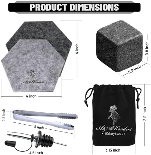 A&A Wonders Premium Whiskey Stones 100% Natural Granite Set of 9 Chilling Rocks Stone Reusable Ice Cubes for Drinks with Velvet Carrying Pouch, Gift for Whiskey Lovers (Crown)