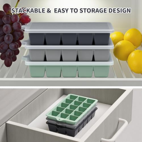 Silicone Ice Cube Tray 3 Pack, HANCELANT Ice Cube Mold, Ice Trays for Freezer with Lid for Whiskey, Cocktail, Drinks and Food, Freezer, BPA Free, Easy Release