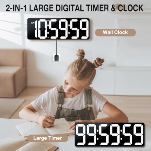 17.2" Large Digital Timer Wall Clock with Remote Control, Count Down Up Digital Timer, Auto DST LED Big Digital Clock for Bedroom Kitchen Living Room Office Gym Home Decor, White