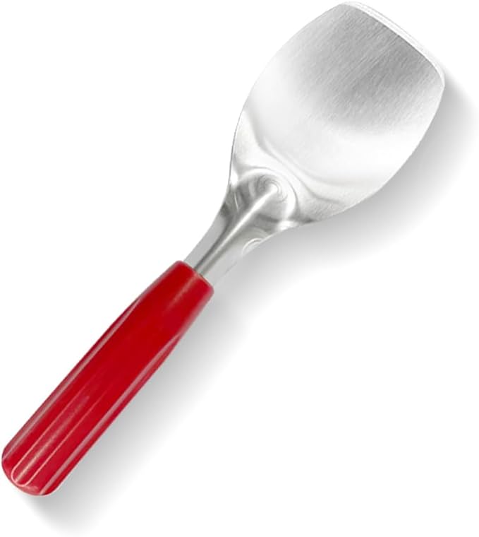 Durable Ice Cream Spade Scoop with Easy Dig Sharp Edge for Hard Ice cream, Stainless Steel Flat Ice Cream Paddle with Non-Slip Grip Handle,Red