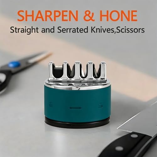 VIRO Compact Suction Kitchen Chef Knife Scissors Sharpener for Straight & Serrated Knives, 4-Stage Knife Sharpening Tool Helps Repair and Restore Blades, Lake Green
