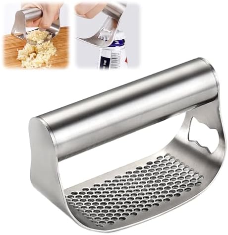 Garlic Press Garlic Presser,2026 Stainless Steel Garlic Presser Bottle Opener Mincer Crusher with Peeler and Cleaning Brush,Multifunctional Kitchen Gadget Garlic Mincer for Woman (A/1Pack)