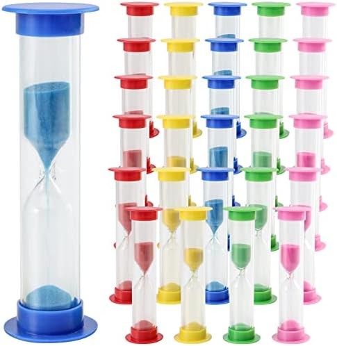 MUKCHAP 30 PCS 3.4 Inch Colorful 1 Minute Sandglass Timer, 5 Colors Plastic Hourglass, Mini Sand Clock, Time Management Game, Countdown Toy - Yellow, Red, Blue, Green, Pink