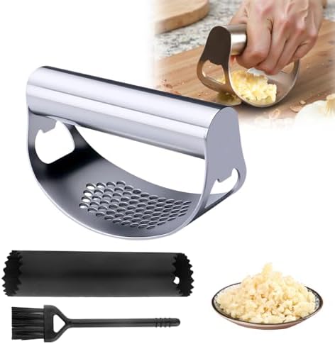 Stainless Steel Garlic Press, 2026 New Garlic Rocker Garlic Press Crusher with Silicone Garlic Peeler and Cleaning Brush, Stainless Garlic Mincer Chopper Tool for Kitchen (1 Set)