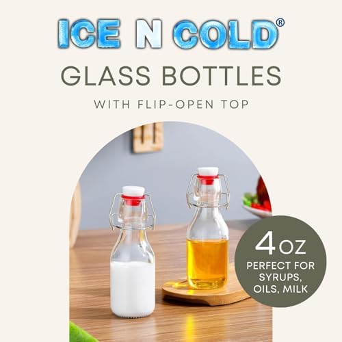 ICE N COLD Glass Swing Top Bottles | Flip Top Glass Bottles for Limoncello, Syrups, Oils, Vinegar, Extracts & Beverages | Airtight Reusable Glass Bottles (6-Pack, SMALL (110ml | 4oz))