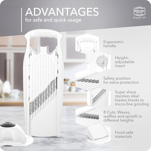 Börner by Reston Lloyd Wave-Waffle Power Line • Crinkle Cut/Spirelli Vegetable Slicer & Food Safety Holder • Slicer for Wave Waffle Cut Style • Multiple Thickness Options • Made in Germany, White