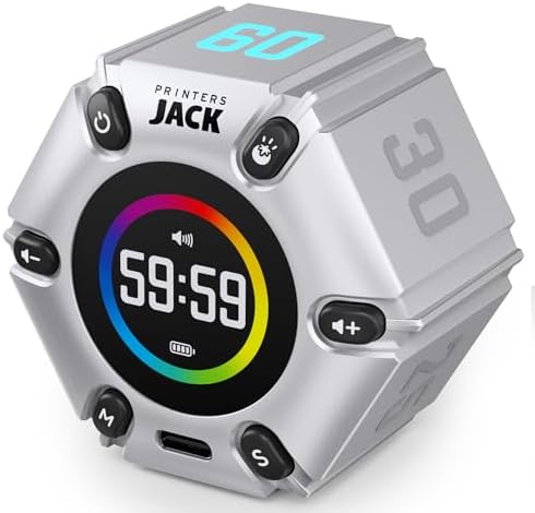 Printers Jack Pomodoro Timer - Productivity Cube, Visual Focus Timer, Mute & Vibration & Adjustable Sound Alert, for Office, ADHD, Study, Work, 3/5/10/25/30/60min & Custom Countdown - Silver