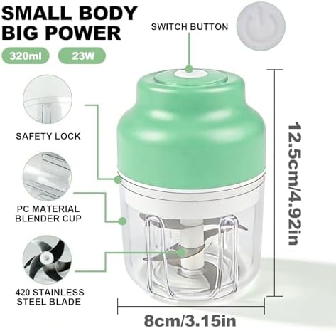 Kuars Gvni Wireless Garlic Chopper 11.26oz Mini Electric Food Processor Portable Small Blender for Chili Scallion Garlic Minced Meat Herbs (Green)