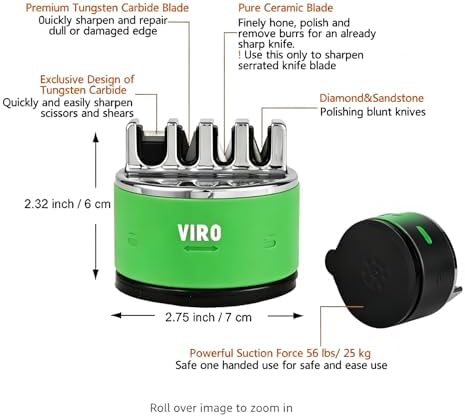 VIRO Compact Suction Kitchen Chef Knife Scissors Sharpener for Straight & Serrated Knives, 4-Stage Knife Sharpening Tool Helps Repair and Restore Blades, Grass Green