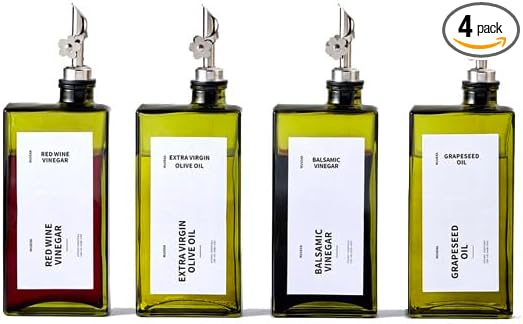 Olive Oil Dispenser Bottle for Kitchen, 16.9oz /500ml Cooking Vinegar Dispenser Bottle Set, Glass Sauce Container, Labels, Brush, Funnel, Stoppers, Green for Oil, Wine