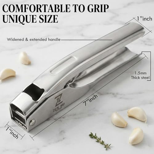 Zen MD 304 Stainless Steel Garlic Press, Heavy Duty Mincer & Crusher Tool, No Peeling Needed, Large Capacity Garlic Press and Masher, Easy Squeeze Presser, Rustproof Dishwasher Safe Kitchen Gadget