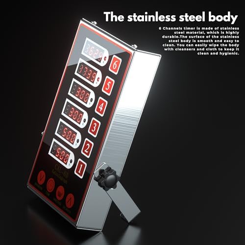 Commercial Kitchen Timer with 6 Channels, Professional LED Digital Timer for Cooking, Loud Alarm Volume +/-, Heavy Duty Stainless Steel Large Timers with Waterproof Panel & Memory Function