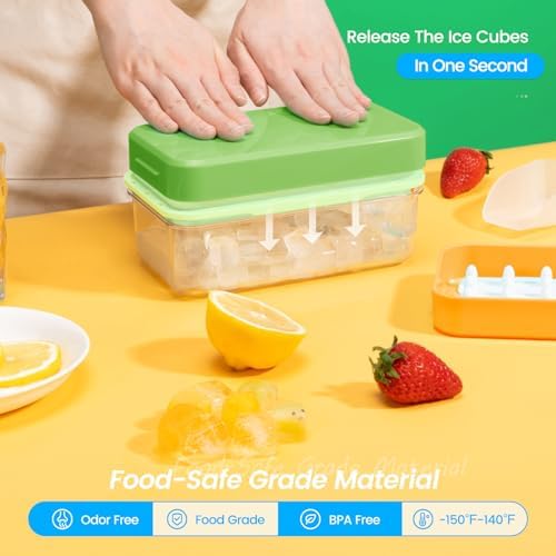 PHINOX Ice Cube Tray with Lid and Bin, Easy Release 56 Cubes for Freezer