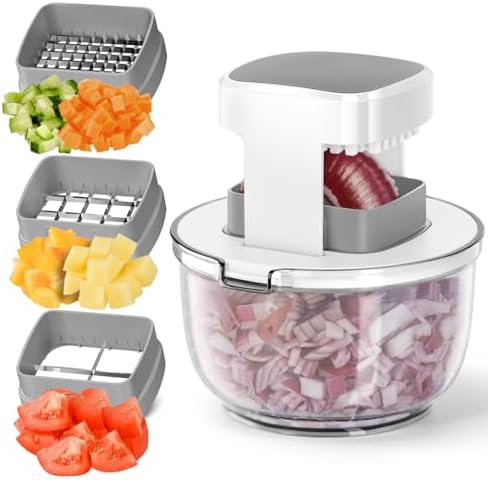 Vegetable Chopper Bowel Multi-functional 3 Interchangeable Blades Onion Chopper French Fry Cutter Veggie Dicer for Cucumber, Tomato, Zucchini, Carrot, Citrus