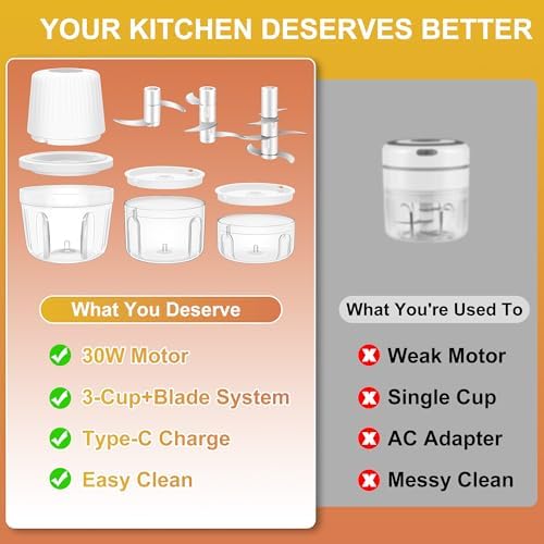 100+250+400ML Electric Garlic Chopper, 6 Blades Garlic Mincer