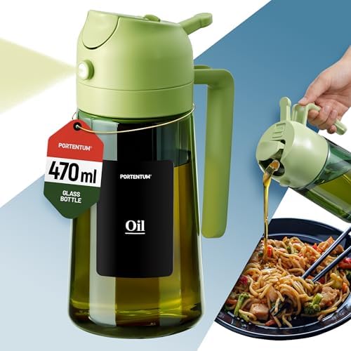 PORTENTUM Olive oil spray bottle for cooking 16oz/470ml 2 in 1 spray and pour function – Anti drip green glass bottle dispenser with light protection – Multilingual labels – Air fryer salads grilling