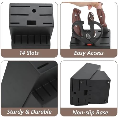 Wood Kitchen Knife Block, Universal Kitchen Knife Holder Kitchen Knife Storage Rack 14 Slots Knife Holder (Black)