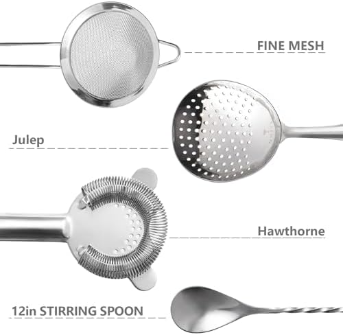 Etens Cocktail Strainer Set – Bar tools Stainless Steel Includes Hawthorne Strainer, Julep & Fine Mesh Cocktail Strainers, Mixing Spoon – Drink Shaker Strainer for Bartending