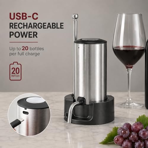 Rechargeable Electric Wine Aerator and Dispenser Set, Electric Wine Decanter with 2 Vacuum Wine Stoppers, Charging Base, Stainless Steel, Wine Pourer