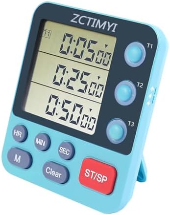 Dual Digital Timer for Kitchen Cooking, 3 Channels Count Down/Up Triple Timer for Kids, Presets Memort Large Display & Magnetic Back Adjustable Alarm Volume, Suit for Kids Teachers Studying, Blue