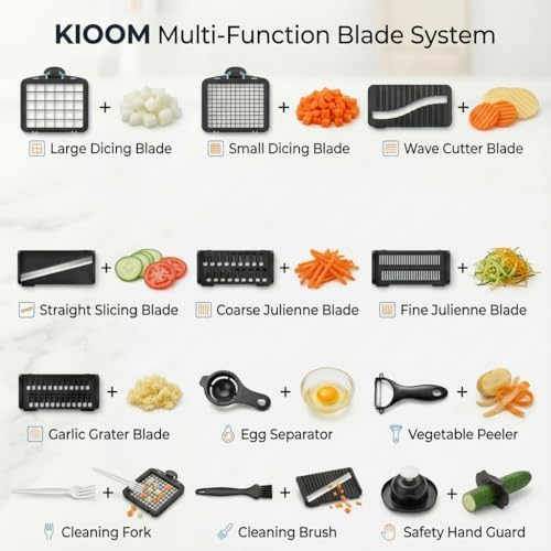 Vegetable Chopper 15 in 1 with Container – Mandoline Slicer, Onion Chopper Dicer, Food Chopper, Cheese Grater & Veggie Slicer for Kitchen Meal Prep | KIOOM