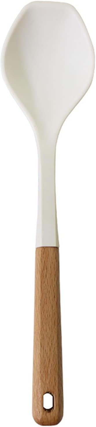 1pcss White Silicone Solid Spoon with Wooden Handle, Heat Resistant Cooking Utensils, Mixing Spoon, Cooking Backing Spoons Set for Stirring, Mixing and Serving