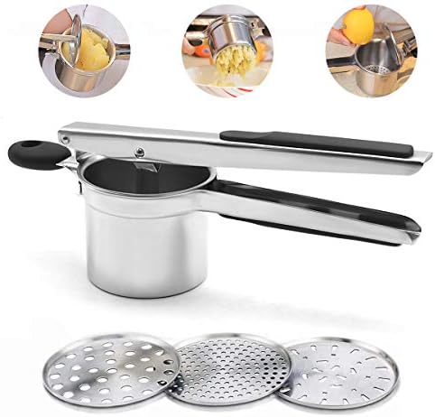 Potato Ricer Set with 3 Ricing Discs Premium Stainless Steel Fruit and Vegetable Masher for All Types of Potatoes Lump Free Potatoes, Easy to Use and Clean