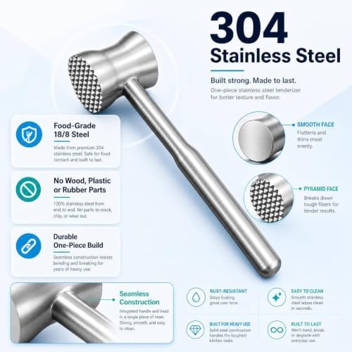 Meat Tenderizer Tool, 304 Stainless Steel Dual-Sided Meat Mallet