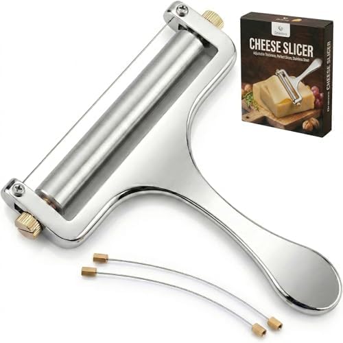 Wire Cheese Slicer for Block Cheese, with 2 Extra Wires, Adjustable Hand-Held Cheese Cutter for Mozzarella, Cheddar, Gruyere (Silver)