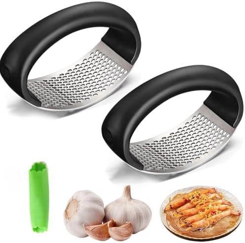 Stainless Steel Garlic Press - Upgraded Home Kitchen Utensil, Portable Manual Garlic Crusher, Black