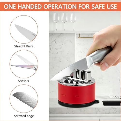 VIRO Compact Suction Kitchen Chef Knife and Scissors Sharpener for Straight and Serrated Knives, 4-Stage Knife Sharpening Tool Helps Repair and Restore Blades, Red