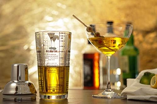 14 oz Recipe Glass Cocktail Shaker With Strainer Top - Includes 6 Cocktail Drink Recipes (Gin Theme)