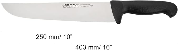 Arcos Range Butcher Knife 10 inch Nitrum Stainless Steel. Steak Knife. Polypropylene Black Handle. Color Identification System for Prolonged and Heavy Use. Series 2900. Color Black.