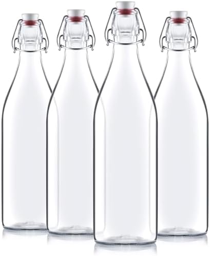 Bormioli Rocco Giara Swing Top Bottles 33 ¾ Ounce-4 Pack Round Clear Glass Grolsch Flip Top Bottle With Stopper, for Beverages, Smoothies, Kefir, Beer, Soda, Juicing, Kombucha, Water, Milk and Vinegar